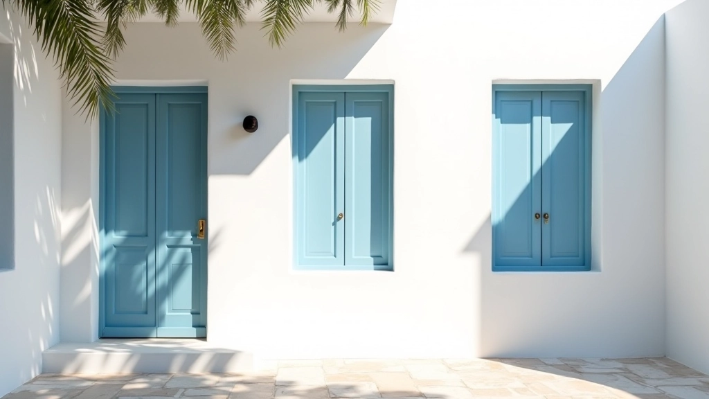 Κυκλαδικό σπίτι με παράθυρα και παραθυρόφυλλα, δραματικές σκιές δημιουργούμενες από το ήλιο, παραδοσιακή αρχιτεκτονική
