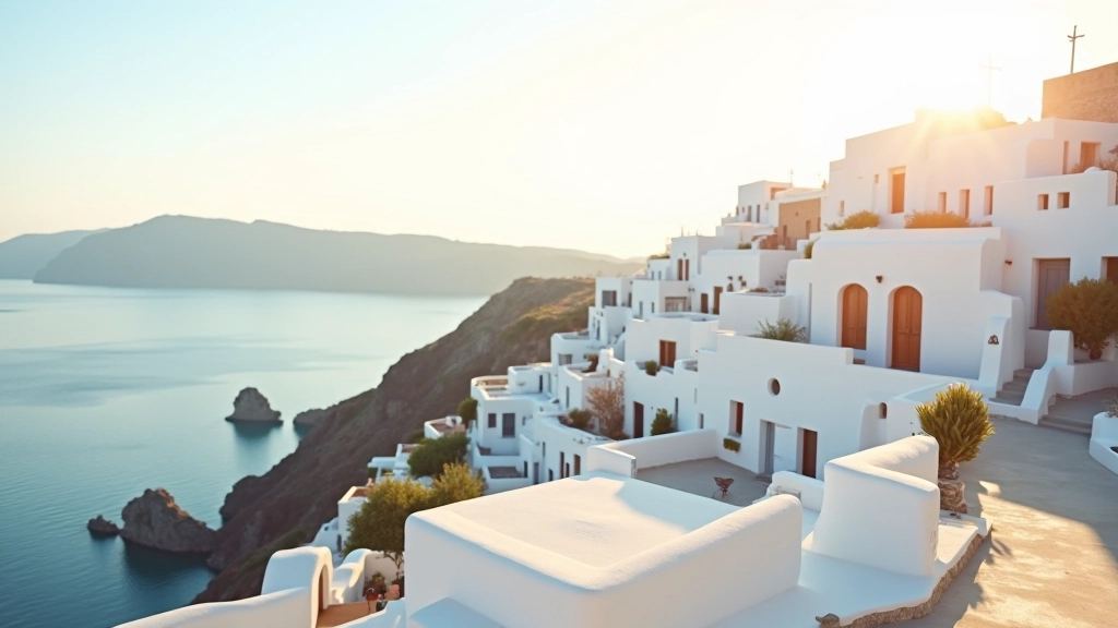 Μεσογειακή παραλία με λευκά κτήρια και γαλάζιο ουράνιο τόξο