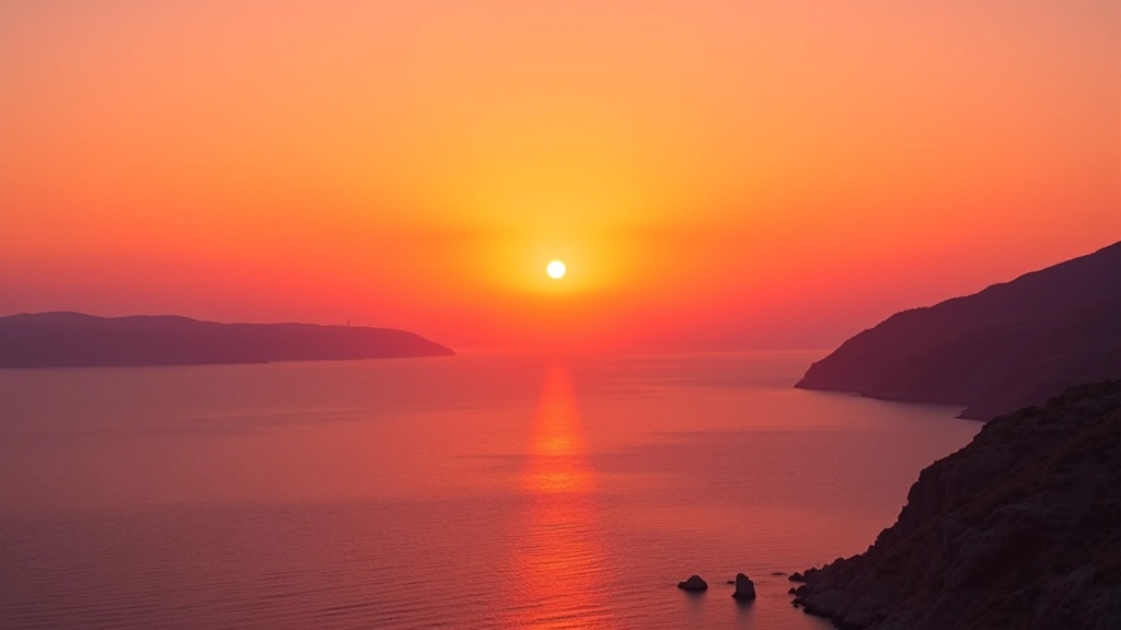 Ηλιοβασίλεμα πάνω από το Αιγαίο πέλαγος, ζεστά χρώματα και κλίσεις πορτοκαλί και κόκκινο, ελληνικό νησί